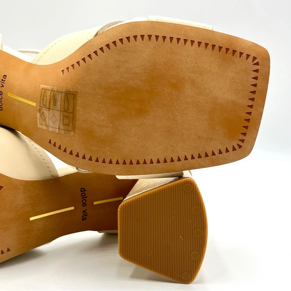 Dolce Vita Womens 7‎ 7M Tiki Cream Leather Square Toe Block Heels Sandals Shoes